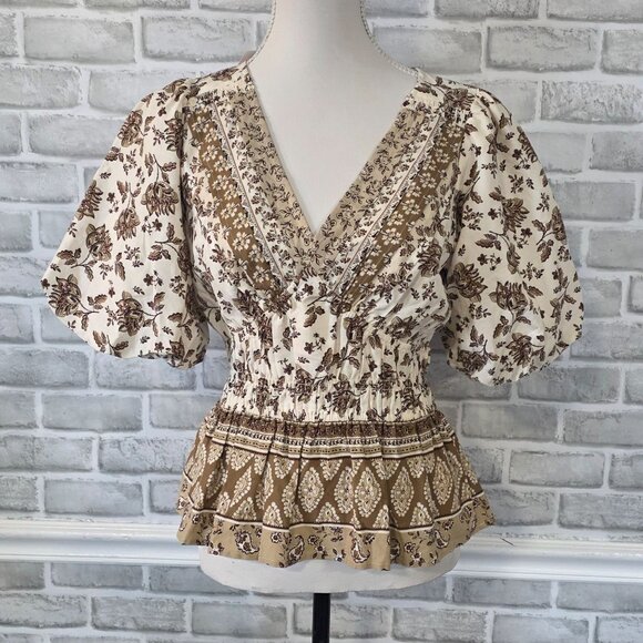 Loft Striped Floral Pintucked V-Neck Peplum Blouse Puff Sleeve Cottage NEW M - Picture 8 of 8